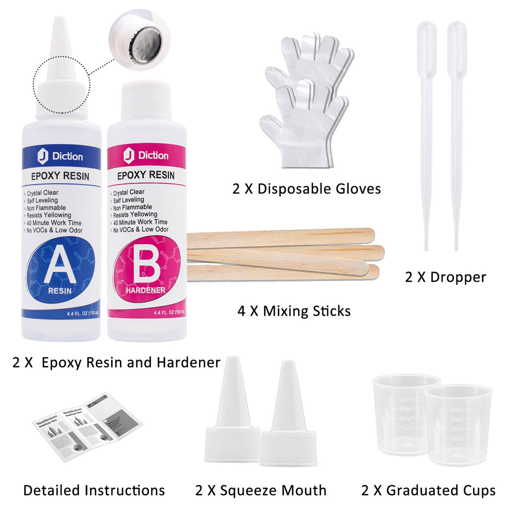 JDiction Epoxy Resin 8.8oz Epoxy Resin Crystal Clear Kit for Art, Jewellery, Craft with Mixing Cups, Sticks and Gloves