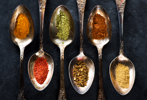 different type of spices displayed on tablespoons