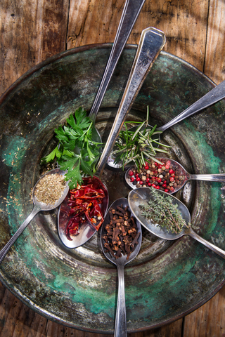 raw spices in spoons