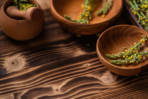 wooden bowls with herbs