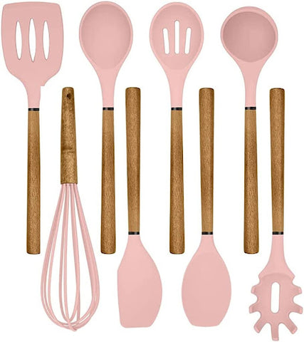 The Country Kitchen silicon set in pale pink with wooden handles