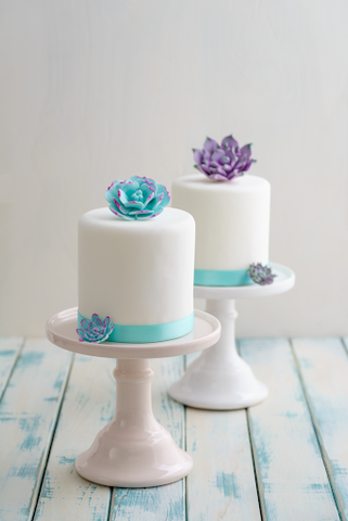 Two white fondant iced cakes with a blue and purple flower and matching ribbons