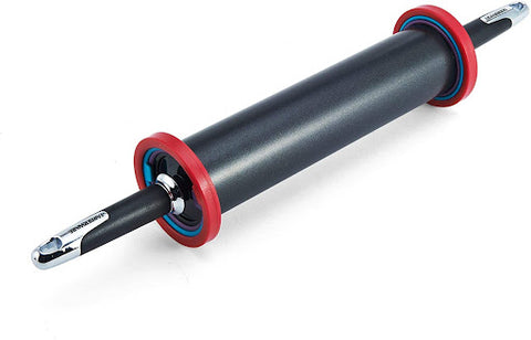 A black rolling pin with red rings on the side for the thickness