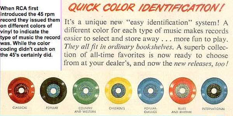 Old quick color identification advert advertisement showing the different colours of vinyl chosen by RCA for the different genres they released on their first 45 rpm Victrola records 