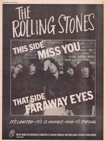 The Rolling Stones early 45 rpm 12" inch single advert that side miss you this side faraway eyes. New and extremely limited! 