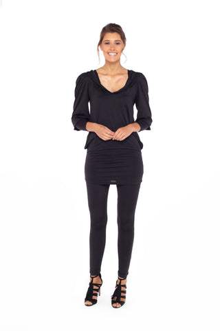 Urban Silk's leisurewear style pairs the back-to-basics Skinny Black Pant with the shawl-Collared Hooded Tunic