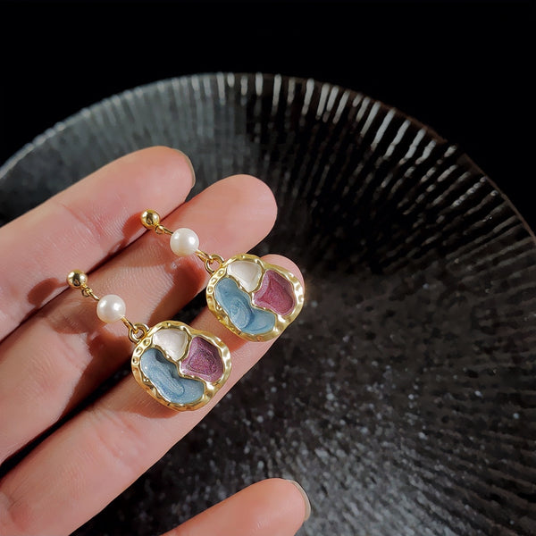 S925 silver pins drops of glaze freshwater pearl retro splicing irregular  earrings