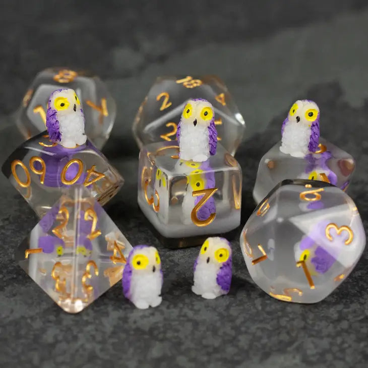 Resin RPG Dice Set with Purple Owl Inclusion from Riftgate