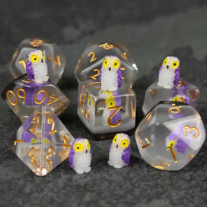 Resin RPG Dice Set with Purple Owl Inclusion from Riftgate - Geektopia by KAC