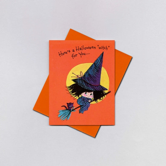 Retro Kitsch Halloween Card - Cute Witch on Broom