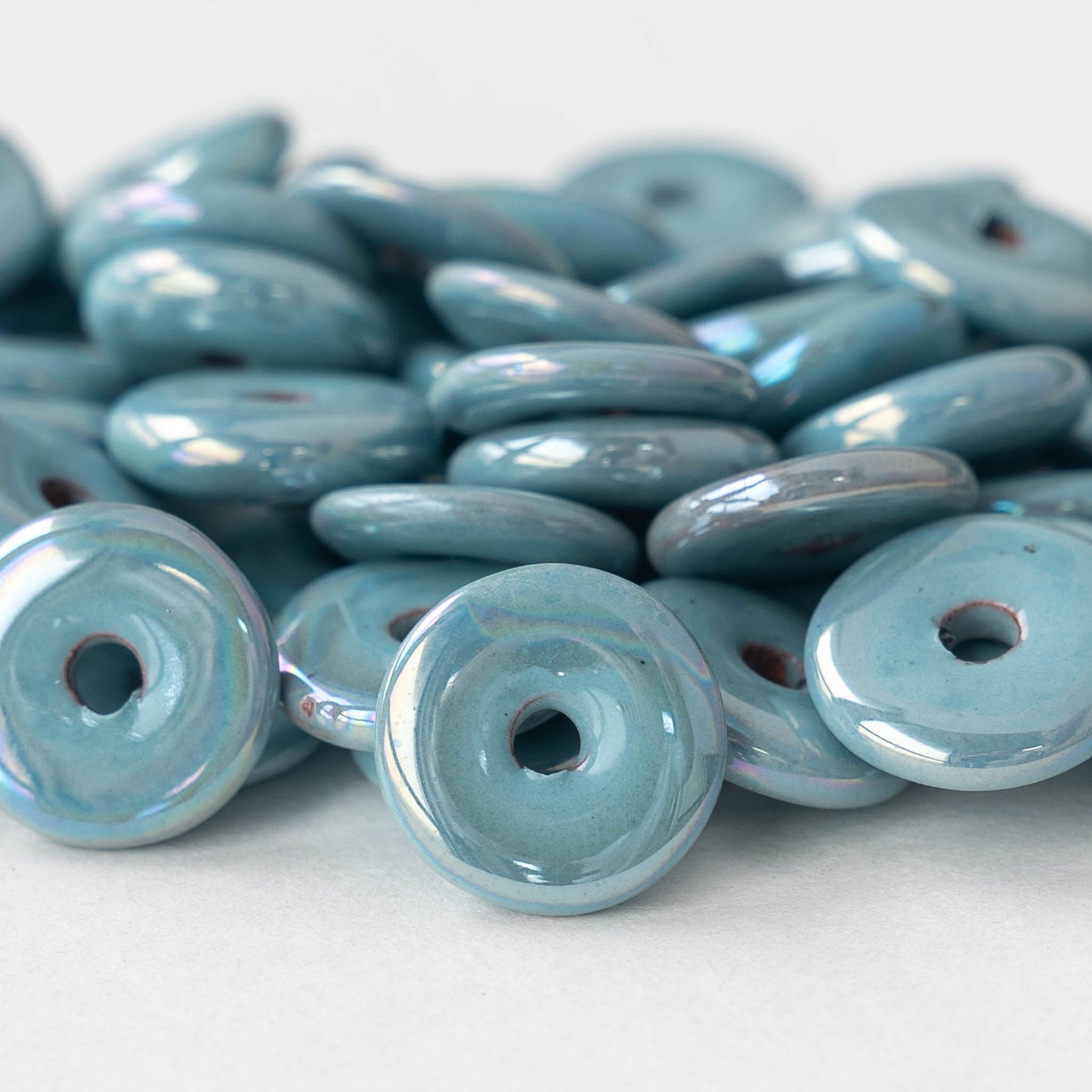 Iridescent Blue Large Glass Lentil Beads, 18mm by Bead Landing