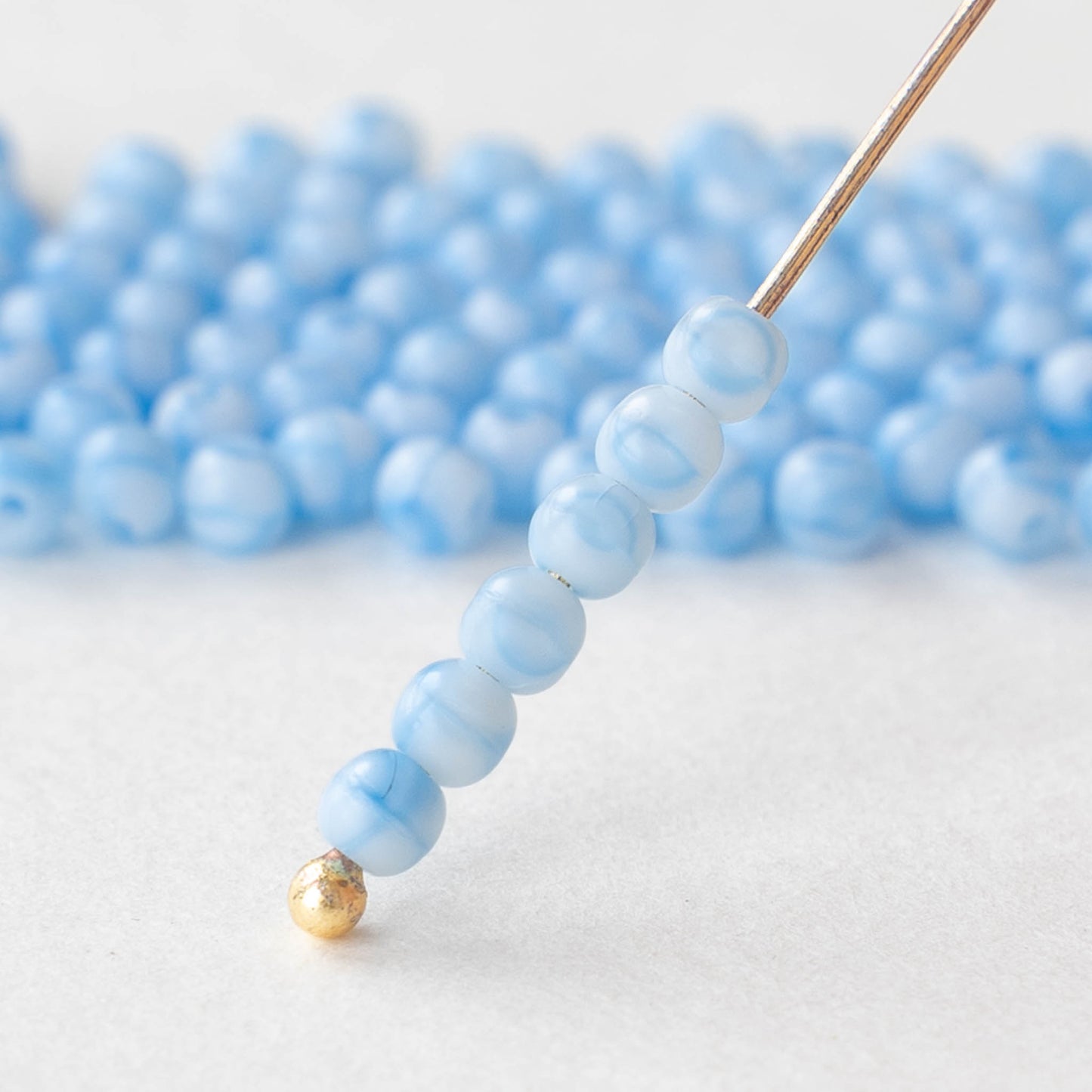 4mm Round Glass Beads - Light Blue Marble - 120 Beads