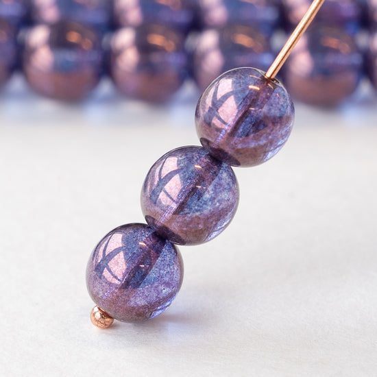 10mm Round Glass Beads - Violet Purple Gold Luster - 10 Beads