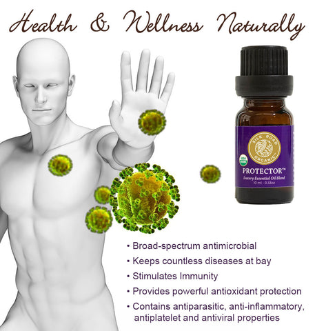 person holding up hand to keep germs at bay, list of protector essential oil blend benefits