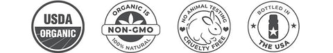 usda organic logo, non-gmo seal, cruelty free seal and bottled in the usa