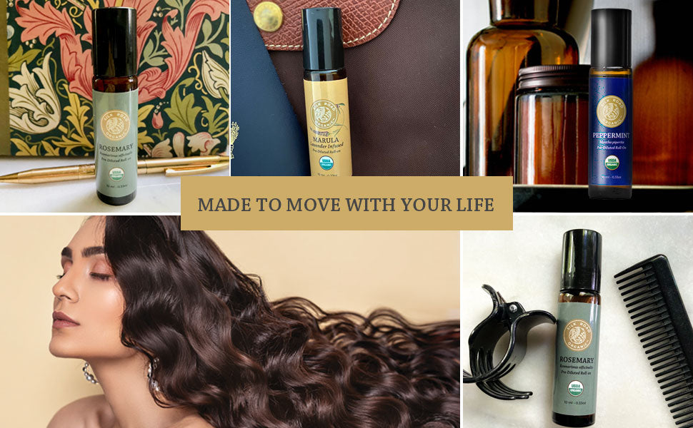 Silk Road organic roll-ons for hair care rosemary marula peppermint made to move with your life