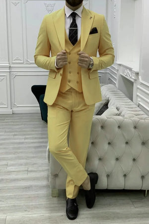 Men Yellow Suit Three Piece Suit Beach Wedding Suit Slim Fit Suit Dinner Suit Groomsmen Bespoke Tailoring - SAINLY