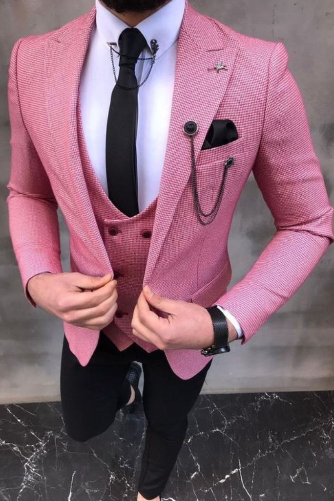 Men 3 Piece Suit Pink With Black Wedding Slim Fit Suit Party Wear Suits Sainly Sainly 5517