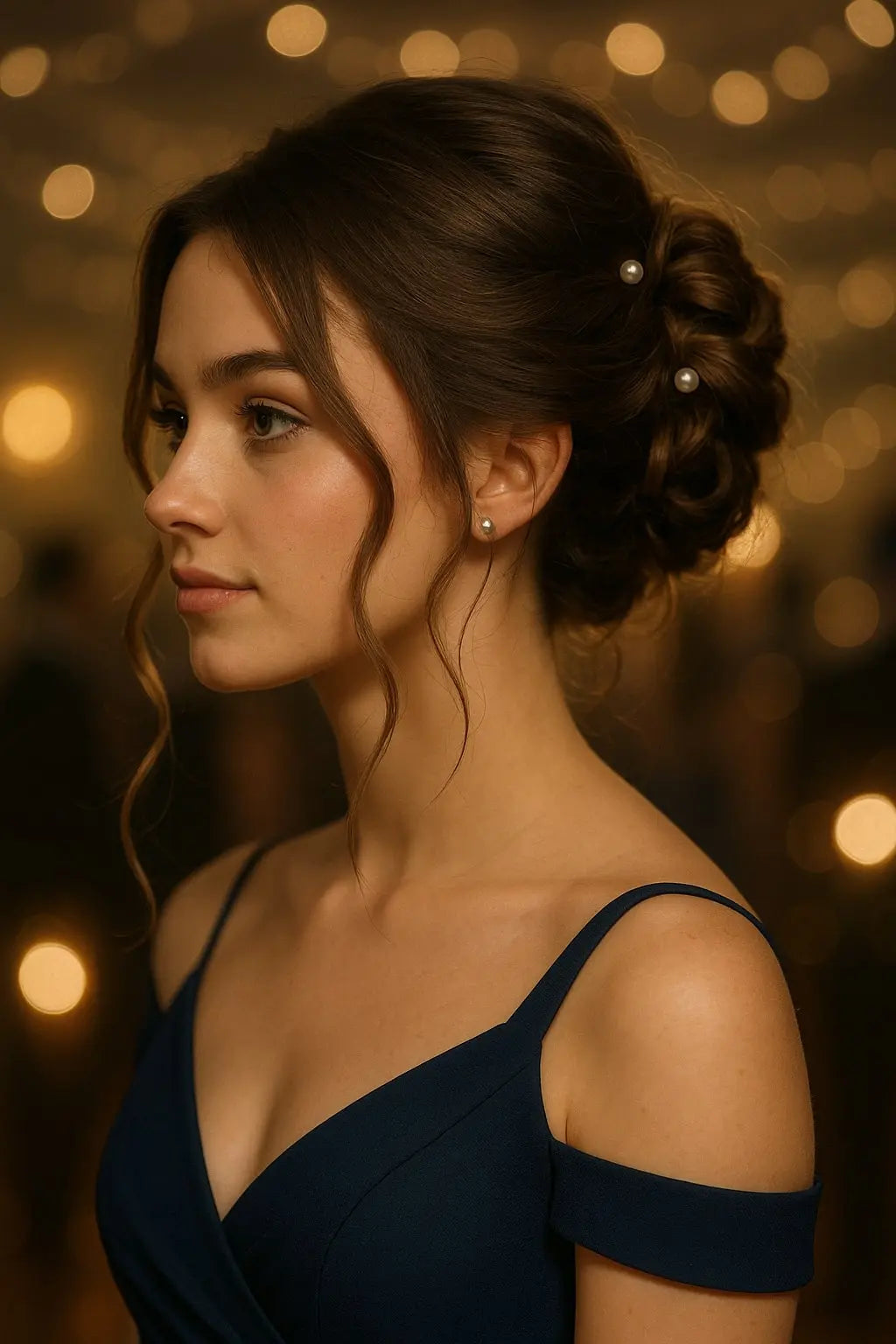 A young woman with a classic prom updo featuring soft face-framing curls and pearl hairpins, wearing an elegant navy dress with a blurred, golden prom-night background.