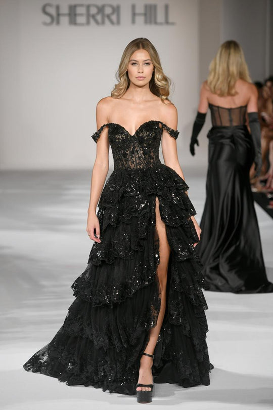Sherri Hill Sheer Lace Corset Tulle Ruffle Prom Dress 56157 – Terry Costa