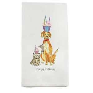 French Graffiti - Dog, Cat, and Mouse Happy Birthday Dish Towel - Jenny's Gift Baskets