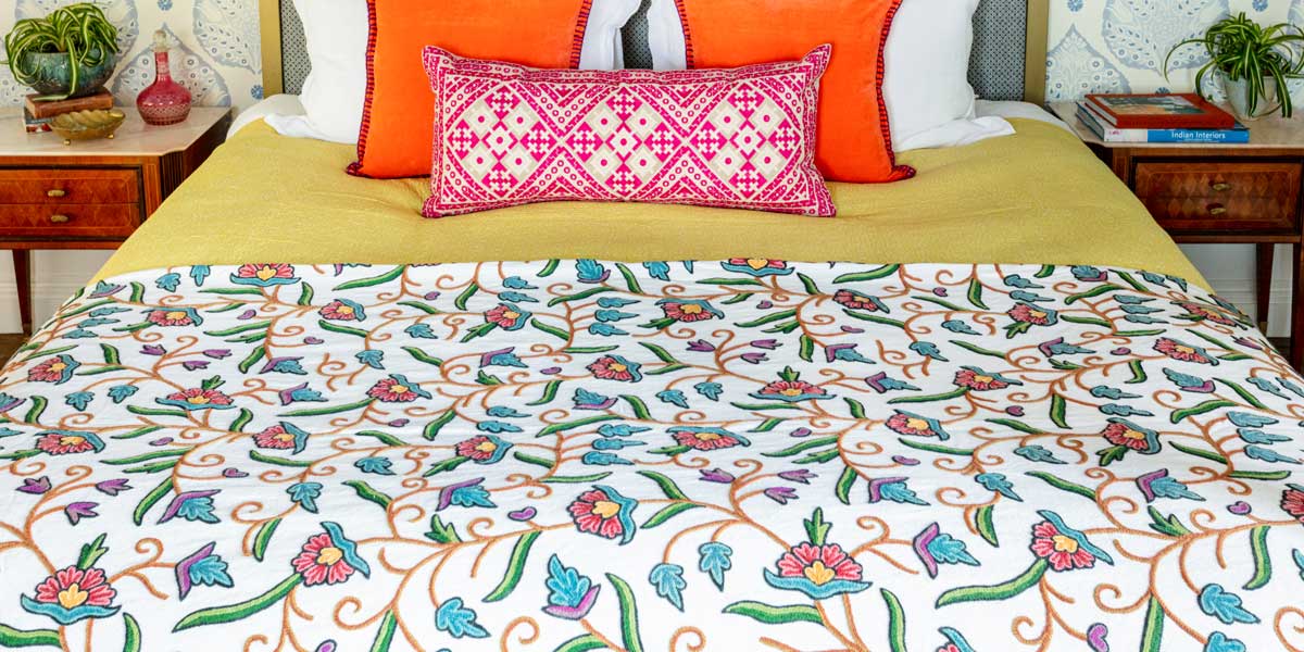 crewel embroidery, embroidered quilts, embroidered bedspreads