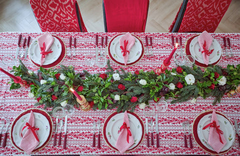 red and white Christmas tablecloth