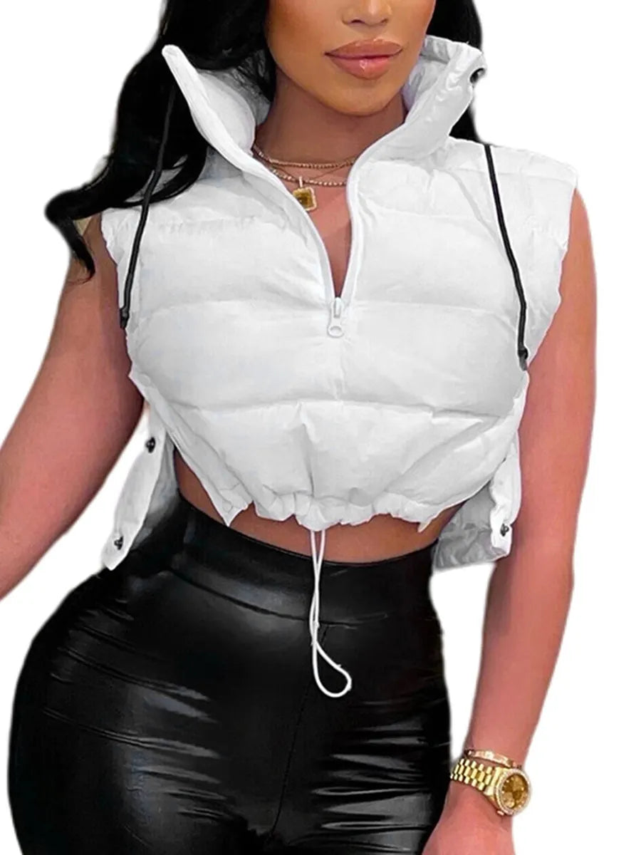 Winter Warm Crop Puffer Vest Sleeveless Drawstring Waistcoat Outerwear Padded Gilet Jacket Coat Outdoorwear