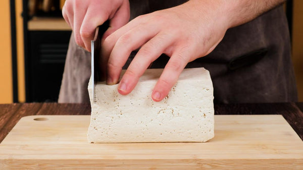 step 1 of slicing your tofu block