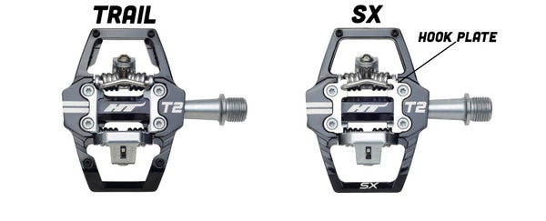 Picture of Trail and SX pedal side by side showcasing the hook plate