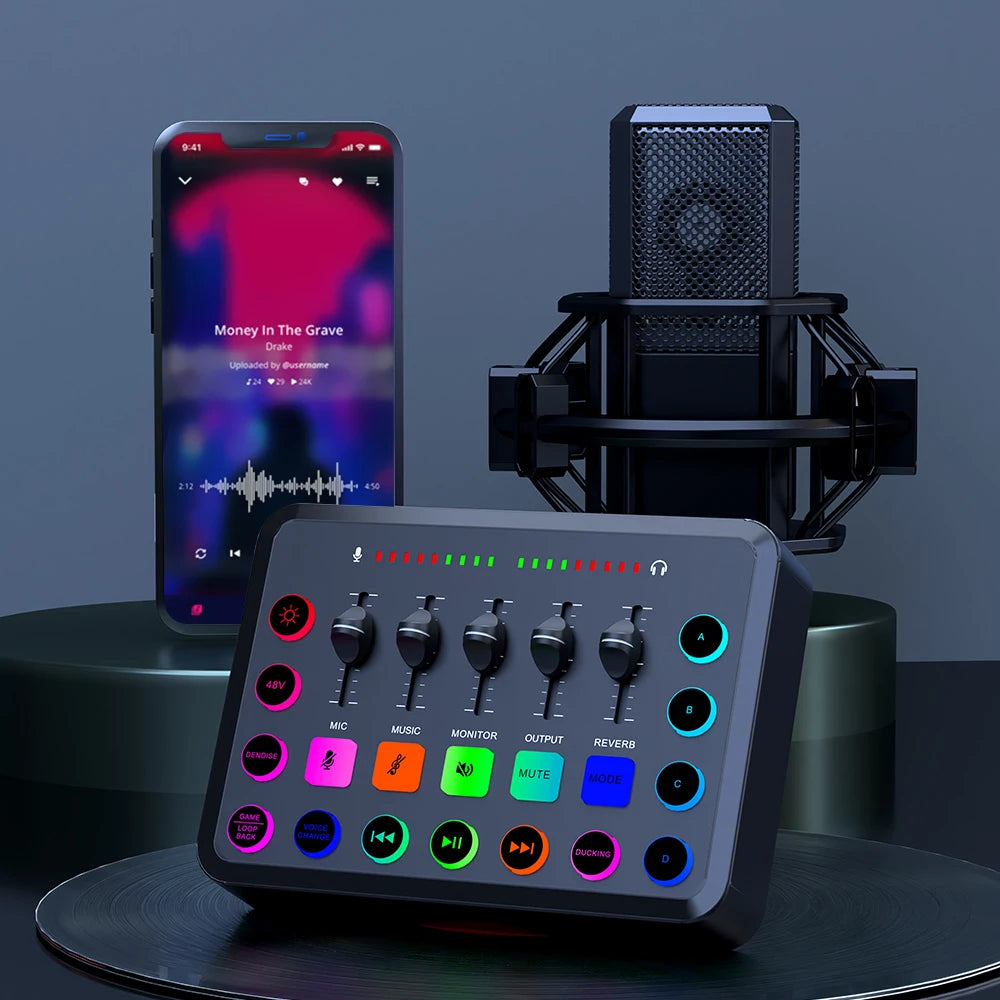 F11 Live Sound Card Streaming 5-Channel Mixer Sound Card Audio Mixer with XLR Microphone for Game Voice Podcast Live Streaming