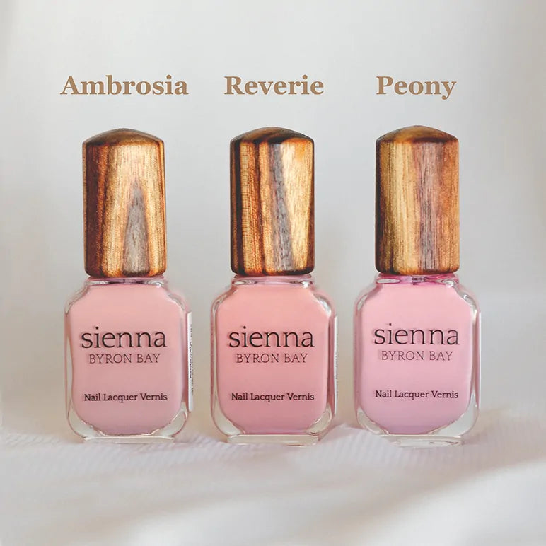 pink nail polish glass bottle with timber cap by sienna