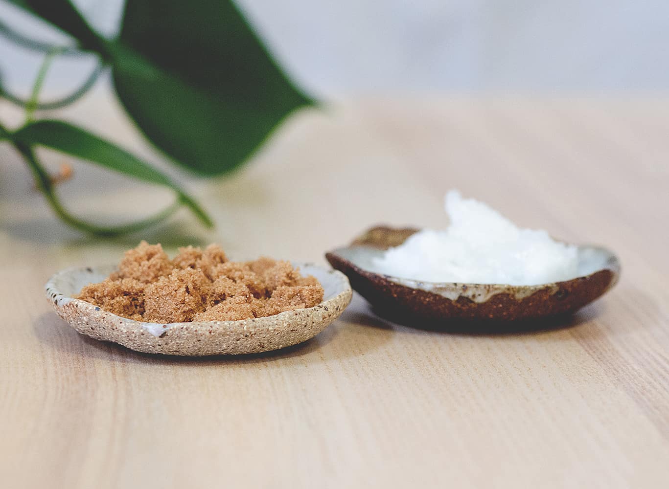 Brown sugar and Coconut oil in homemade pottery for a Coconut scrub Vegan Face Mask