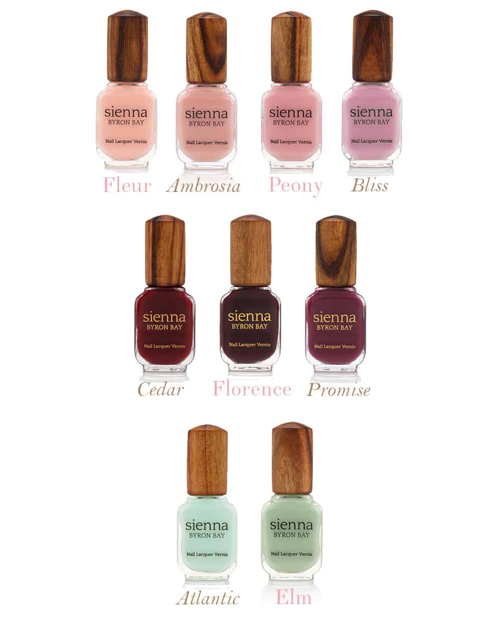 colour comparison nail polish glass bottle with timber cap by sienna