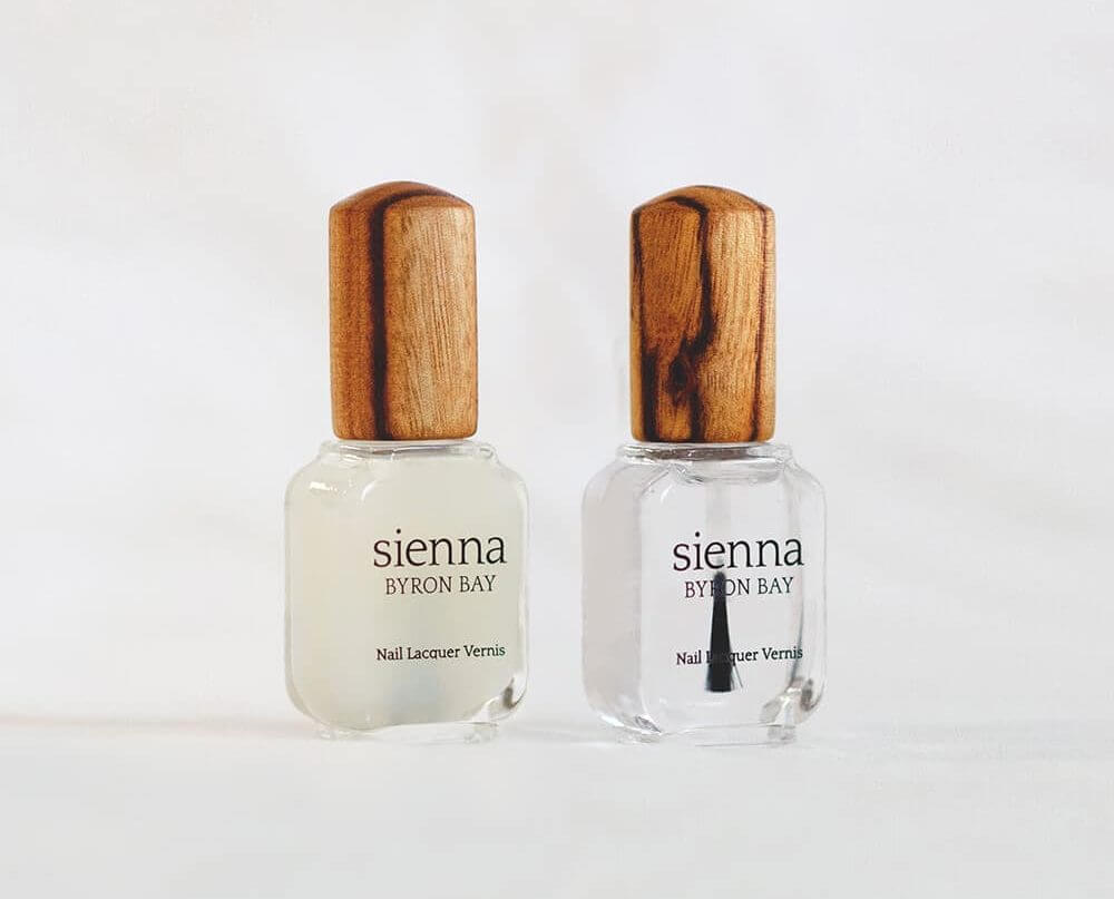Base Coat and Top Coat nail polish glass bottle with timber cap by Sienna