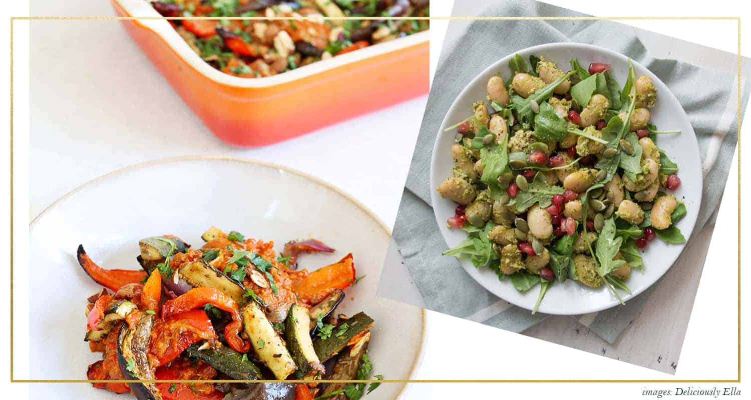 top view of Deliciously Ella’s Pesto Butter Bean Salad and Roasted Mediterranean Veg with Tomato Pesto