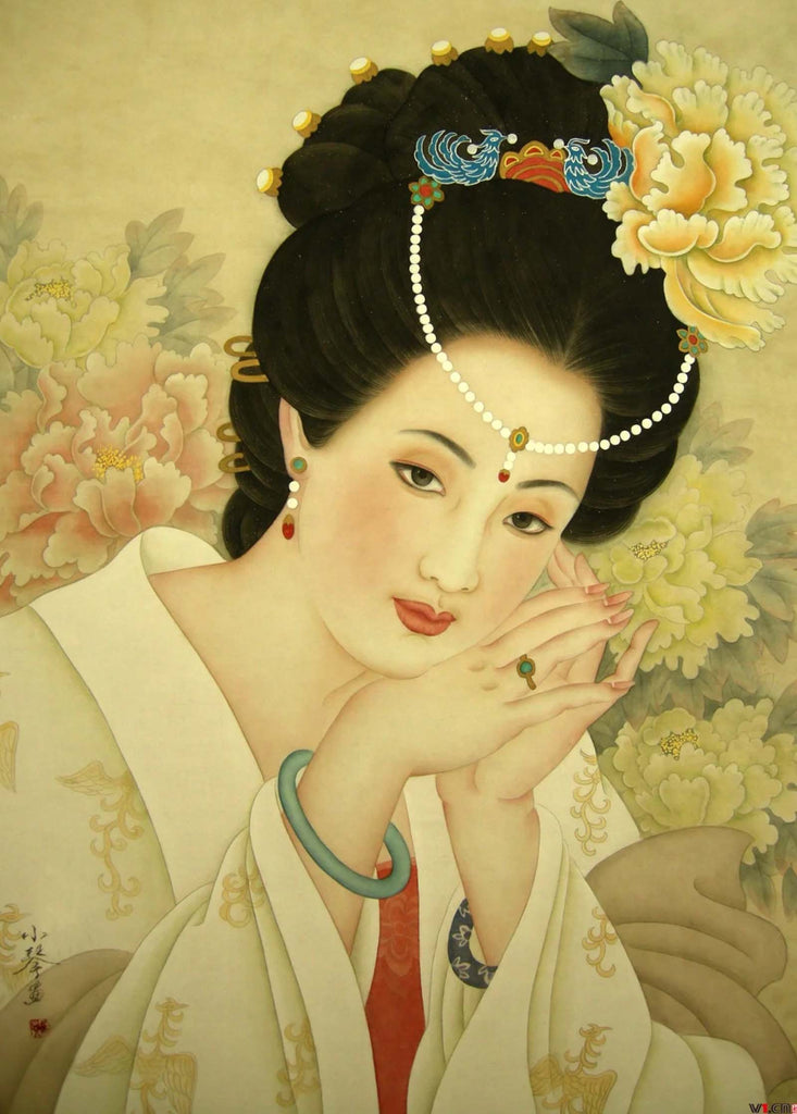 Yang Yuhuan wearing nail polish, ancient Chinese painting of beautiful woman with hands delicately on face, history of nail polish