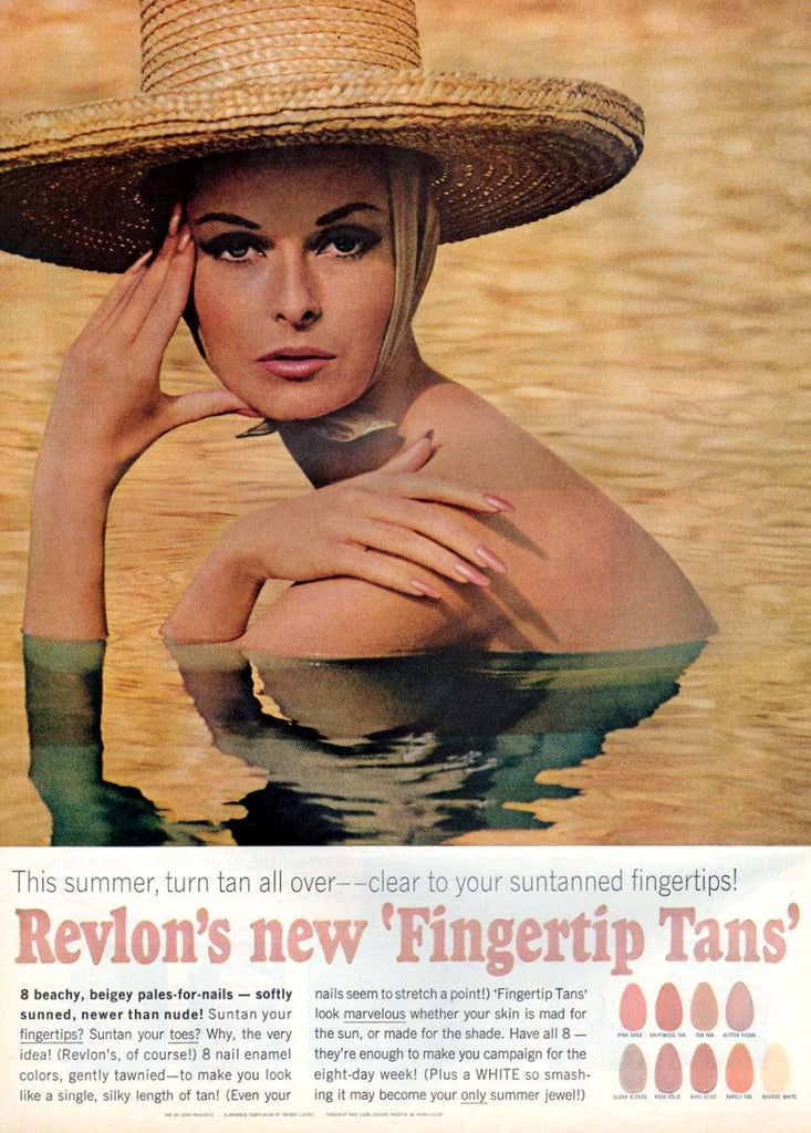 Fair skin woman wearing Revlon nail polish from the 1960's advertisement in magazibne.