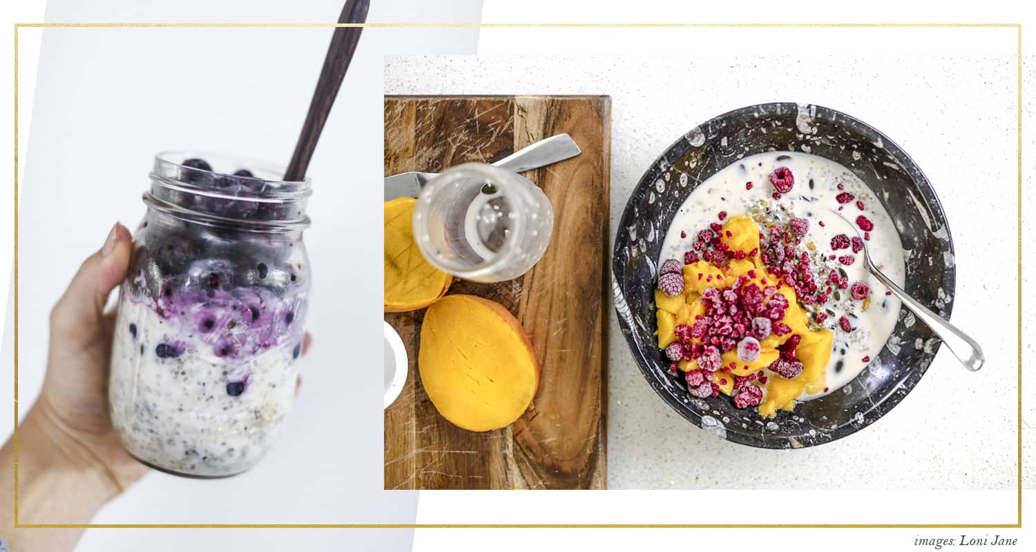 collage of images of smoothie and smoothie bowl with mango and blueberries by superfood burcha