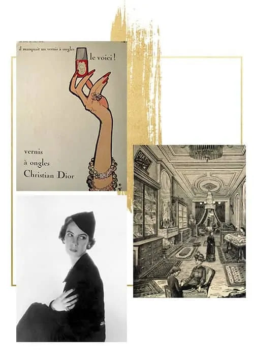 collage of images of first nail salon in New York, her owner Mary Cobb and first Christian Dior nail polish poster.