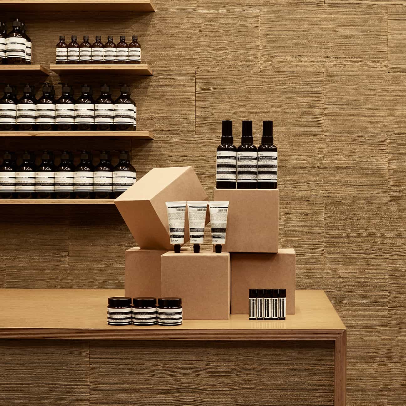 Aesop cosmetics wooden shelves and product displayed