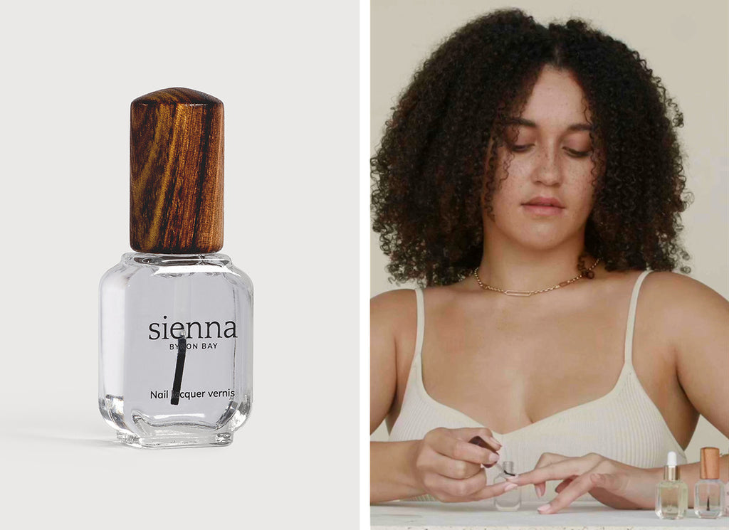 Base coat glass bottle by Sienna with timber lid