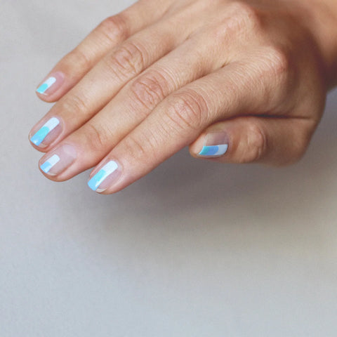 Blue line Ombre nail art hand swatch on fair skin tone by Sienna