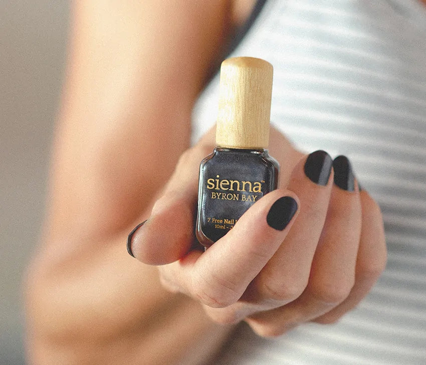 black satin nail polish hand swatch on fair skin tone by sienna