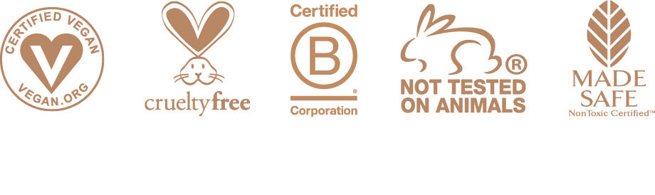 cruelty free vegan non-toxic b-corp accreditation logos in brown