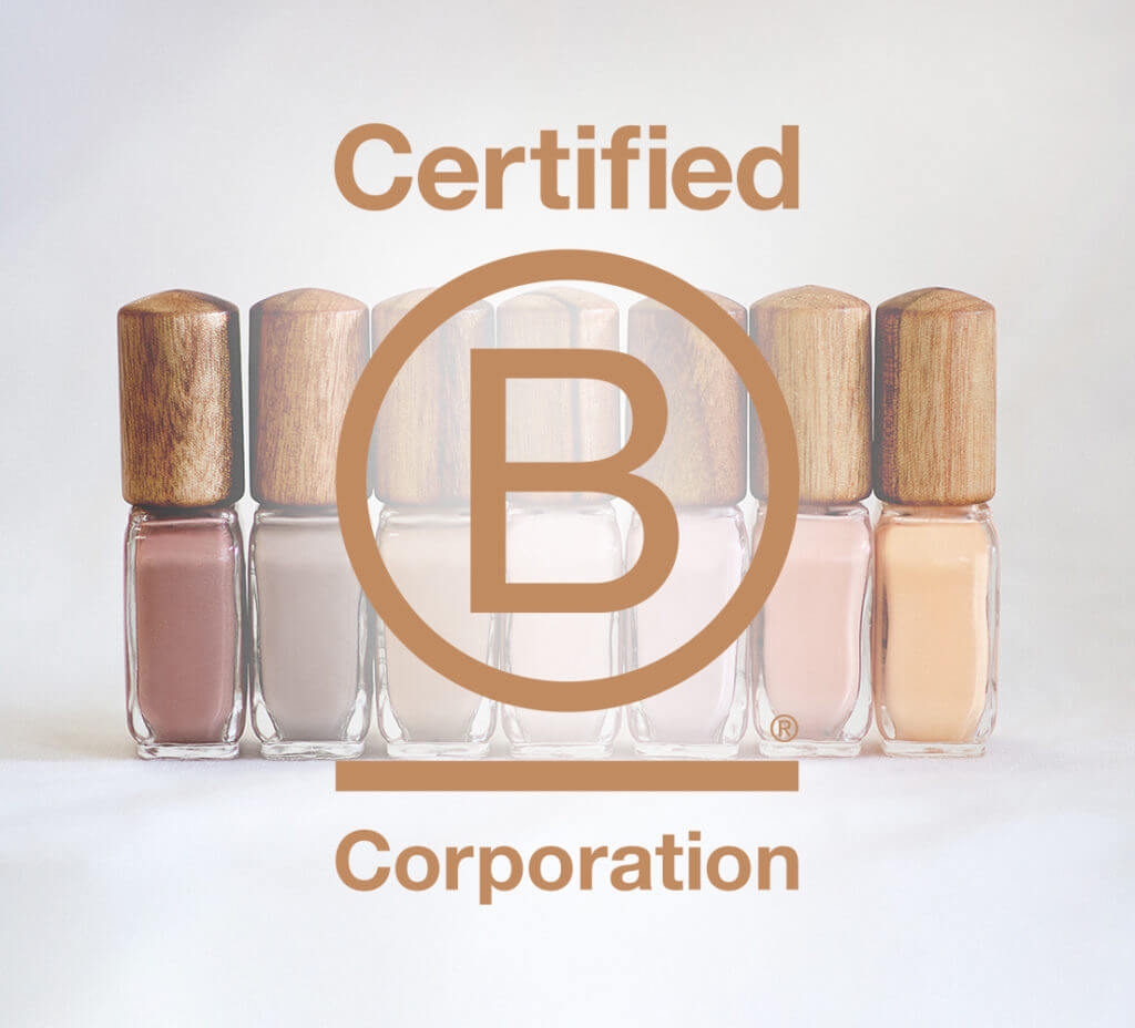 sienna bcorp certification logo in brown with nail polish glass bottle with timber cap