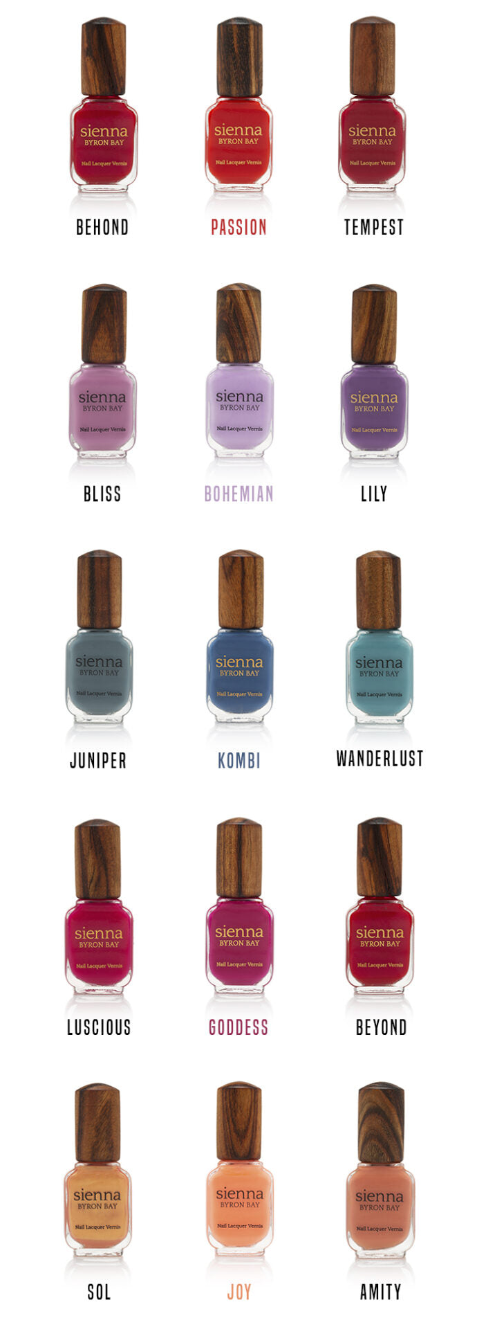 colour comparison nail polish glass bottle with timber cap by sienna