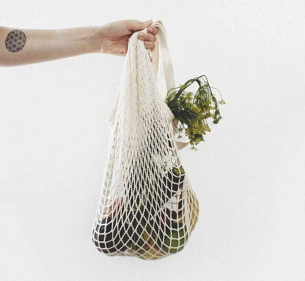 hand holding a reusable mesh bag with groceries inside