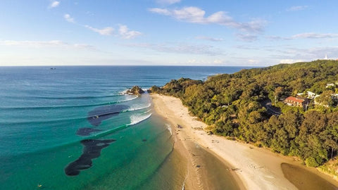 drone view of The Pass beach in Byron Bay