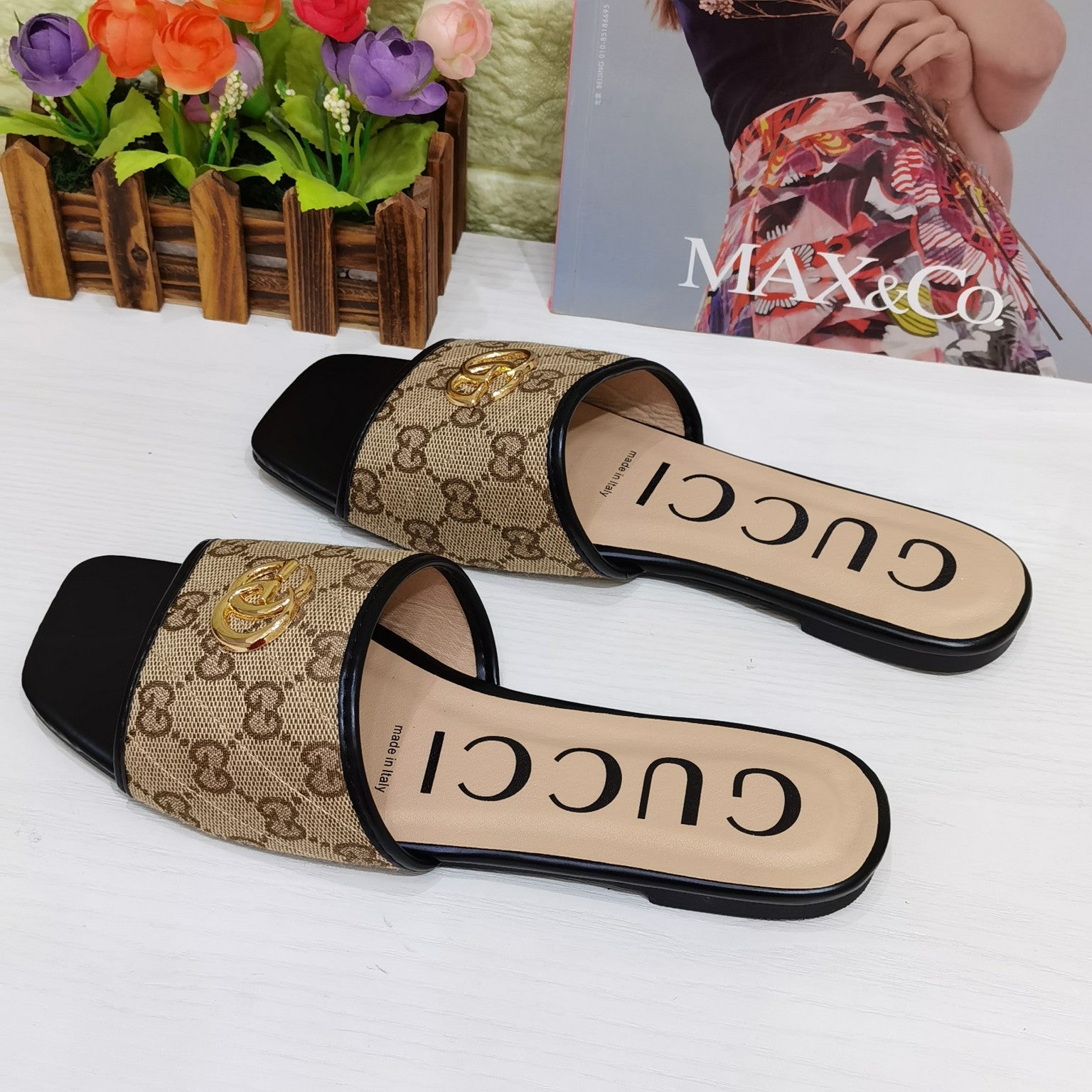 GG stitching color printing letters ladies casual sandals slippers Shoes Black